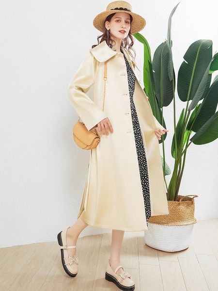 

women's trench coats 2021 spring and autumn satin high sense windbreaker middle long versatile doll collar temperament coat women, Tan;black