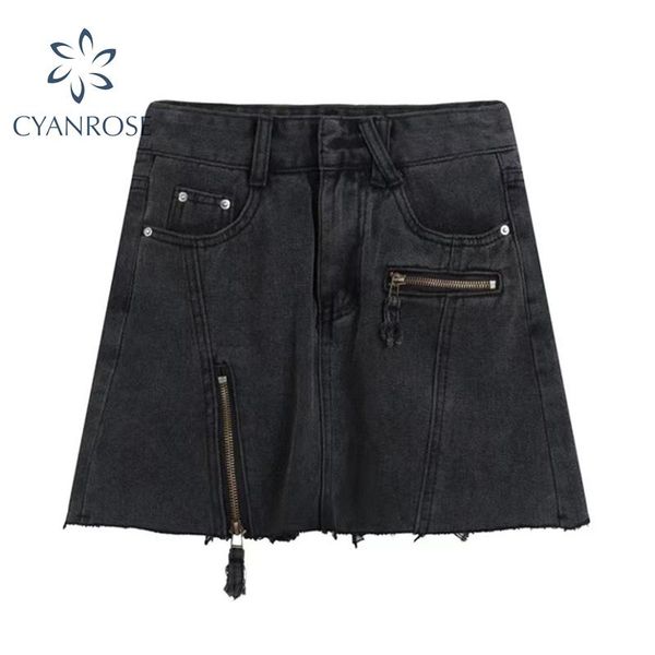 

skirts streetwear women's crop high waist zipper spliced design slim wrap female 2021 retro a-line fashion buttoms, Black