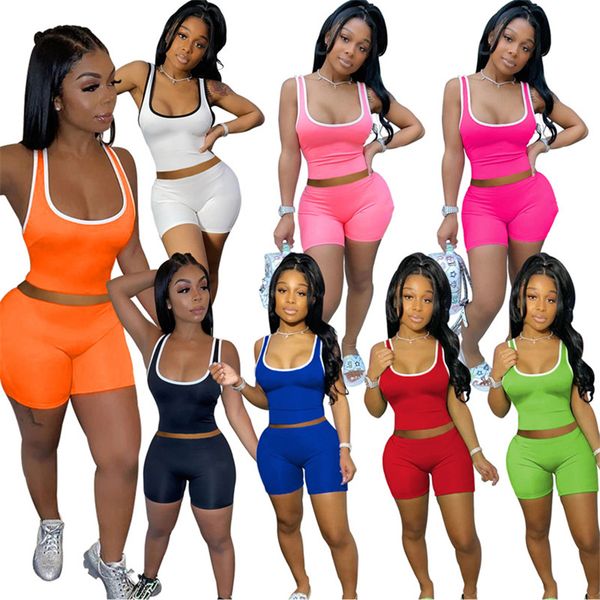 

women casual tracksuit shorts 2 piece sets summer clothing sleeveless crop ini shorts sports jogger suit solid color outfits 4591, White