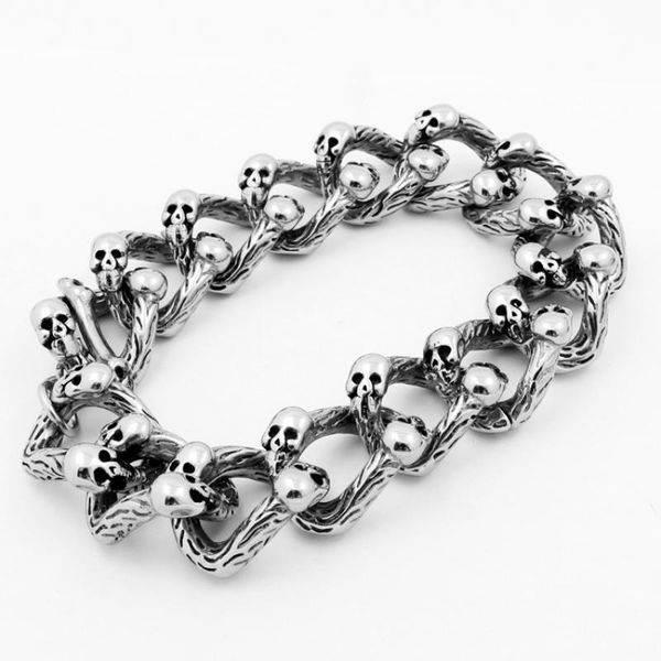 

link, chain retro gothic style double-row skull bracelet men's personality domineering punk rock motorcycle jewelry, Black