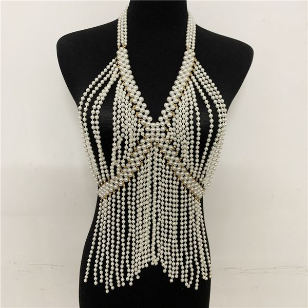 

new pearl tassel halter out sleeveless backless fashion popular celebrity deep neck adjustable crop jxrc, White