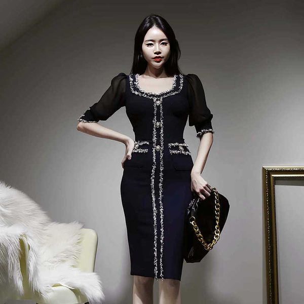 

office work wear ladies o-neck sheath dresses half sleeve female tassel patchwork pencil dress women vestidos summer 210529, Black;gray