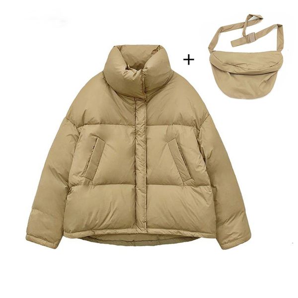 

2021 new winter women 90% white duck coat loose warm outwear ultra light stand collar short down jacket+inclined shoulder bag 0kit, Black