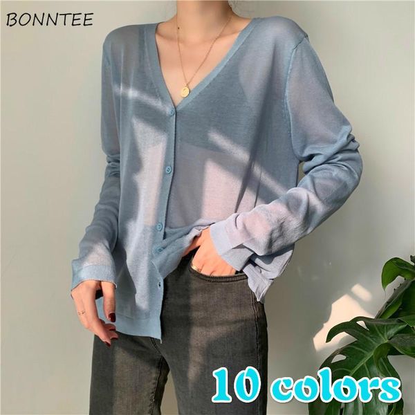 

women's knits & tees cardigan women knit solid simple female see-through sun protection long sleeves casual summer est loose elegant da, White