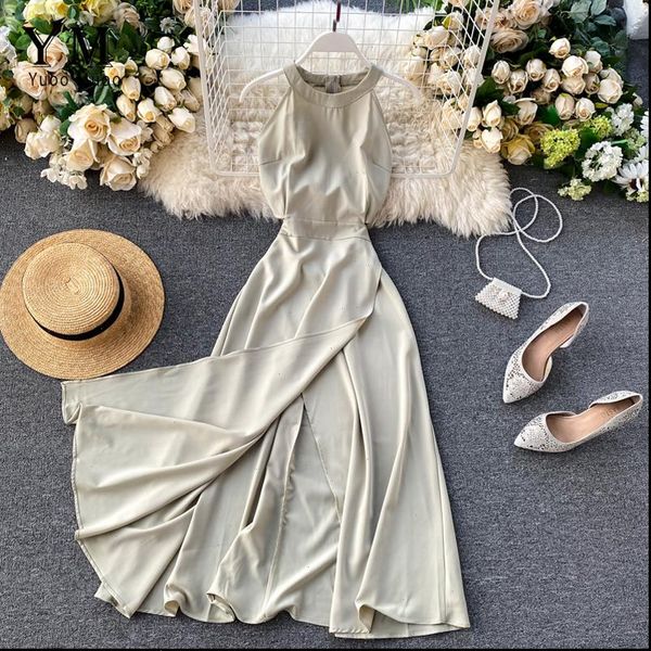 

women summer halter sleeveless long dress female split slim waist maxi dress ladies solid a line party dress vestidos, Black;gray
