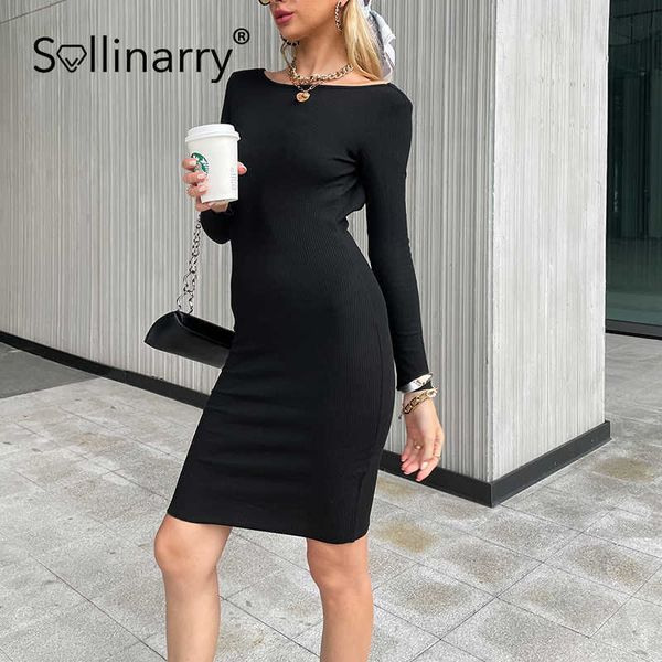 Sollinarry Elegante Kette Solide Rückenlose Frauen Strickkleid High Street Lange Ärmel Schwarzes Kleid Herbst Sexy Slim O-Ausschnitt Vestido 210709