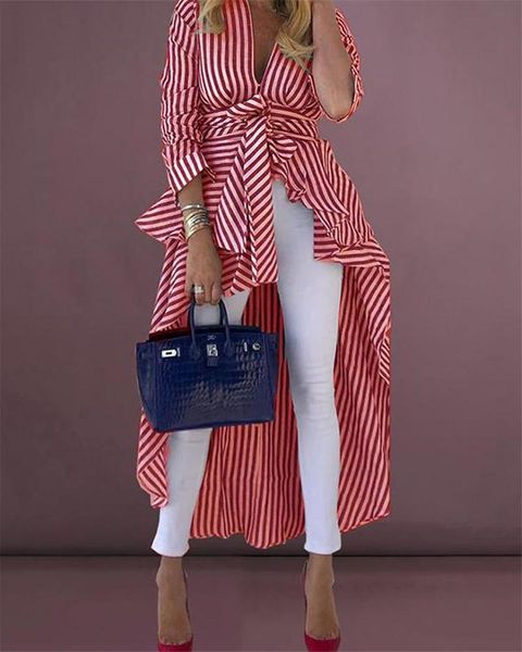 

women summer spring striped long shirt with belt v-neck long sleeve streetwear club dress, White