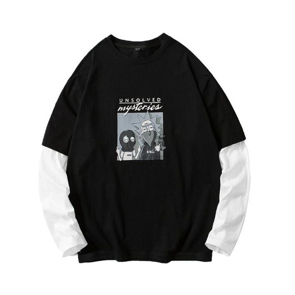 

men's t-shirts autumn fake two-piece t-shirt men long-sleeved cartoon print tshirts ins loose tee clothes casual bottoming shirt, White;black