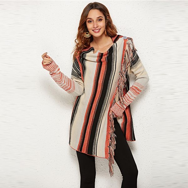 

new autumn and winter 2021 women's clothing loose scarf collar striped fringed sweater warm long sleeve knit jacket tk5r, White;black