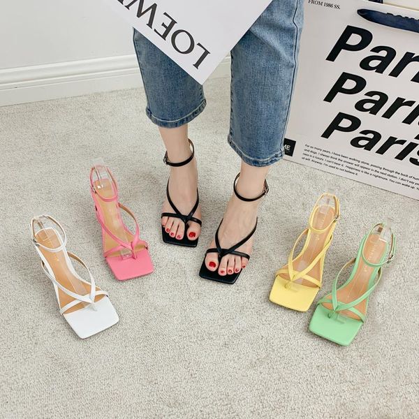 

yellow thong heeled sandals square toe heels green low heel designer sandals summer shoes for women talon femme, Black