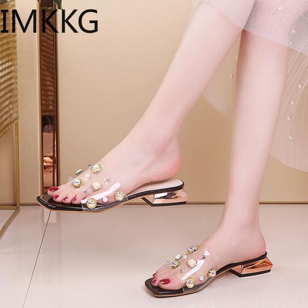 

slippers low heels sandals summer fashion square toe chunky clear women shoes pearl elegante lady transparent jelly slides, Black