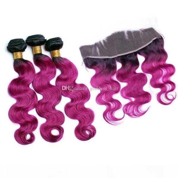 

ombre color body wave 1b purple human hair bundles with lace frontal 13x4 popular purple hair extension with frontal closure, Black