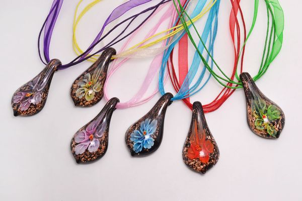 

wholesale black waterdrop inner flower lampwork murano glass pendant necklace fashion for women gift jewelry, Silver