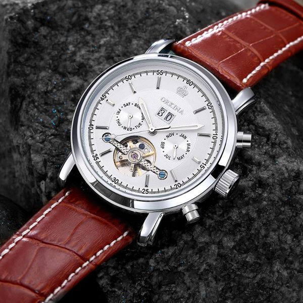 

wristwatches orkina tourbillion fashion wave brown white clock multi function display mens automatic mechanical watches 202, Slivery;brown