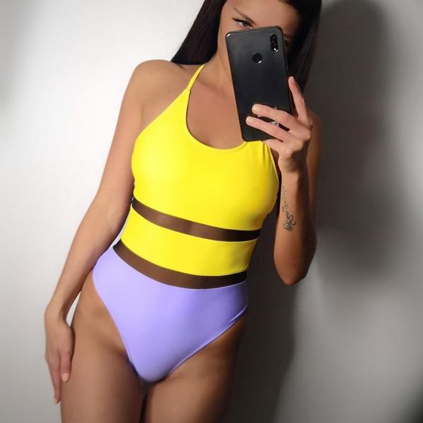 

yellow purple patchwork one piece swimsuit 2021 new backless swimwear women push up monokini bodysuit bathing swimming suit