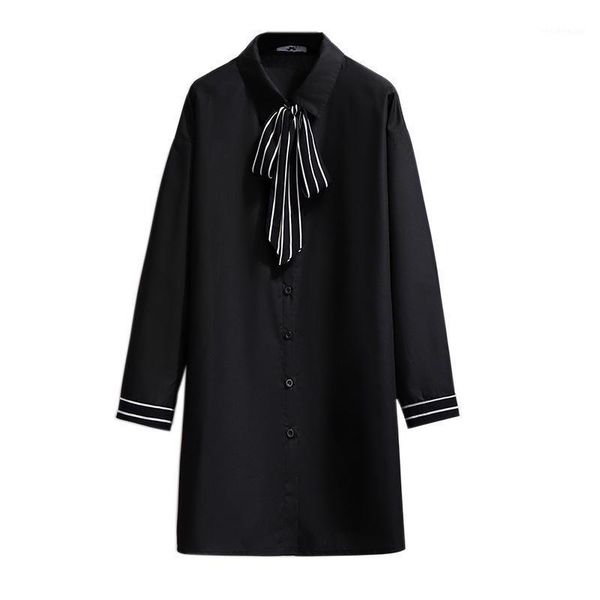 

women's straight shirt dresses spring autumn black white bow turn-down collar long sleeve chiffon plus size for women casual, Black;gray