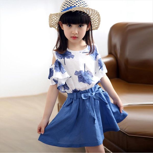 

summer kids girls clothing sets cute princess maple leaf print t shirt flax skirt children set wear 3 14 ages, White