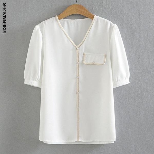 

Plus Size T-Shirt Women Clothing Blouses 2021 Summer Show Thin Leisure V Neck Puff Sleeve Chiffon Stitching Shirt 2095, Black