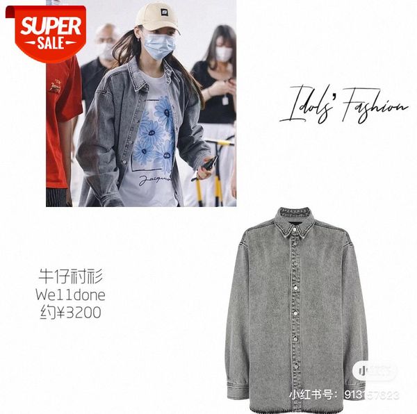 

metal letter logo distressed denim loose shirt couple jacket for men and women with long sleeves #un0c, White;black