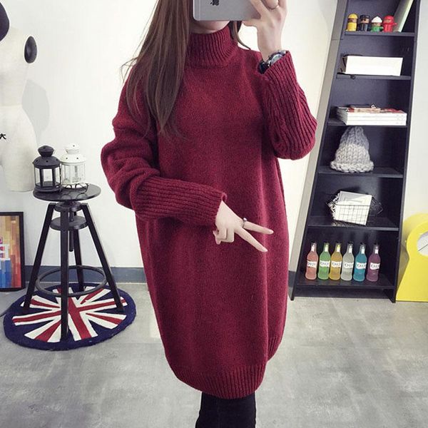 

korean autumn winter loose casual tunic knitted for women warm thick sweaters female sweater dress women's turtleneck long sleev, White;black
