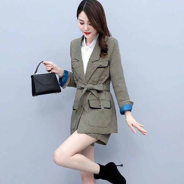 

women's tracksuits 2021 autumn winter fashion elegant temperament women two-piece blazer houndstooth long sleeve jacket+ shorts sets, Gray