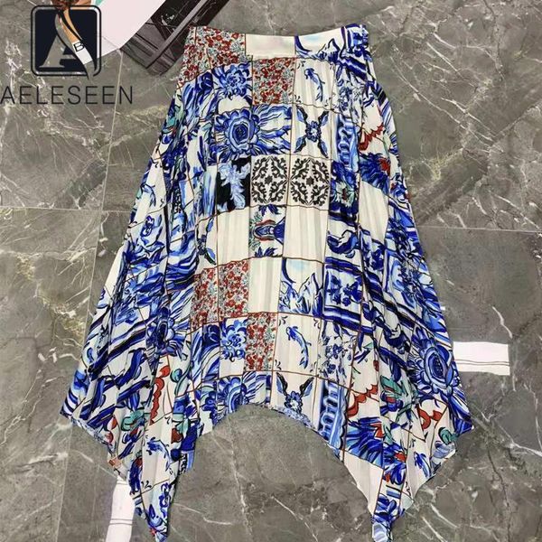 

skirts aeleseen runway fashion women skirt contrast color blue flower print pleated gothic irregular, Black