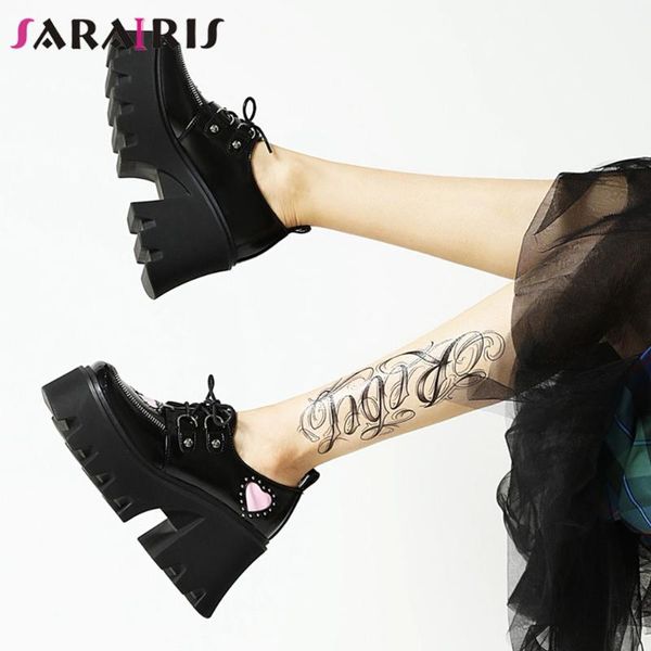 

dress shoes sarairis big size 43 women lace-up high heel solid heart platform marry jane 's pumps casual punk goth, Black