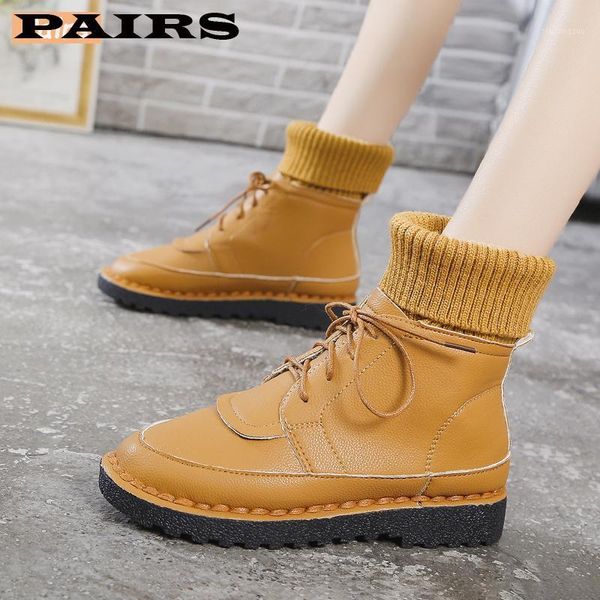 

boots 2021 winter waterproof leather socks women fashion lace up platform shoes woman comfort square heel ankle mujer1, Black