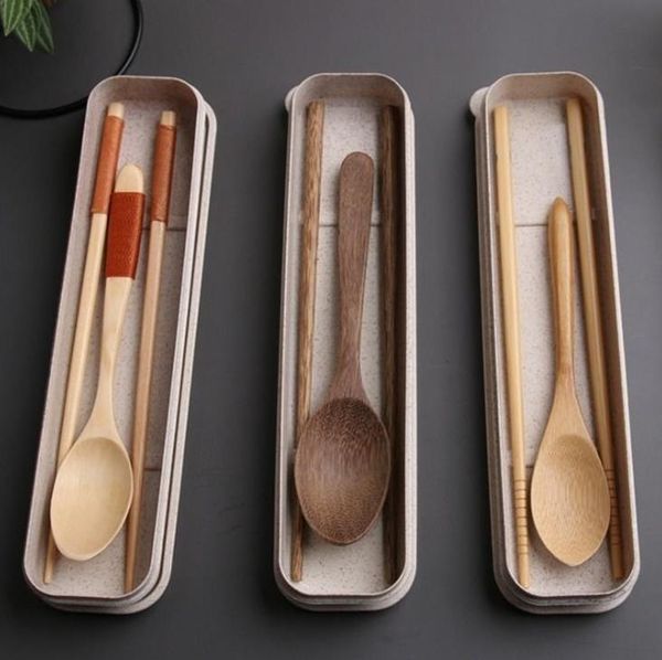 Gesundes Essstäbchen-Set im japanischen Stil aus Holz oder Bambus, Löffel, Geschirr, Besteck-Set, Outdoor-Reisebesteck mit Box SN5205