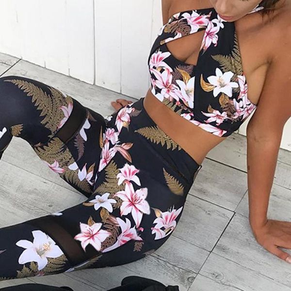 

gym clothing sports yoga bra floral printed women fitness push up running shockproof shirt workout fast dry vest, White;black