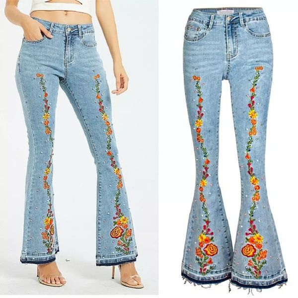 

women's jeans 2021 solid wash skinny flare push up woman high waist embroidered pearl stretch denim pants fall fashion ng, Blue