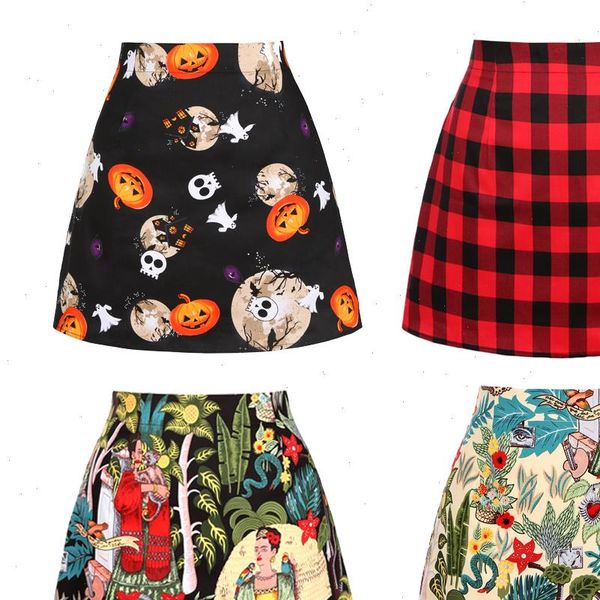 

2021 ladies mini skirts womens faldas mujer moda 2021 black floral print plaid summer cotton short a line skirts ss0008