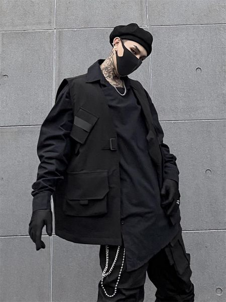 

men's vests nightclub dark fashion trend hair stylist multi-pocket cargo vest street hip-hop loose versatile plus-size, Black;white