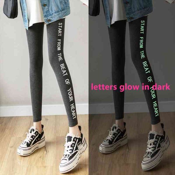 

womens girls letter glow in dark high waisted leggings women autumn black grey night light elastic waist jeggings femme