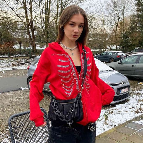 2022 heiße Verkäufe Skeleton Hoodies Frauen Gothic Schwarz Zip Up Übergroßen Sweatshirts Weibliche Retro Harajuku Mit Kapuze Jacke Streetwear