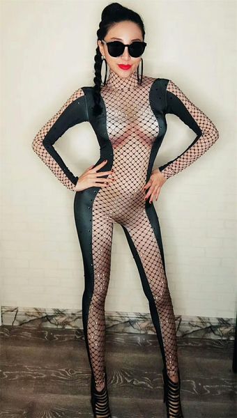 

black rhinestones mesh printed nude jumpsuit female singer ds bodysuit nightclub womens birthday party stage show clothing, Black;red