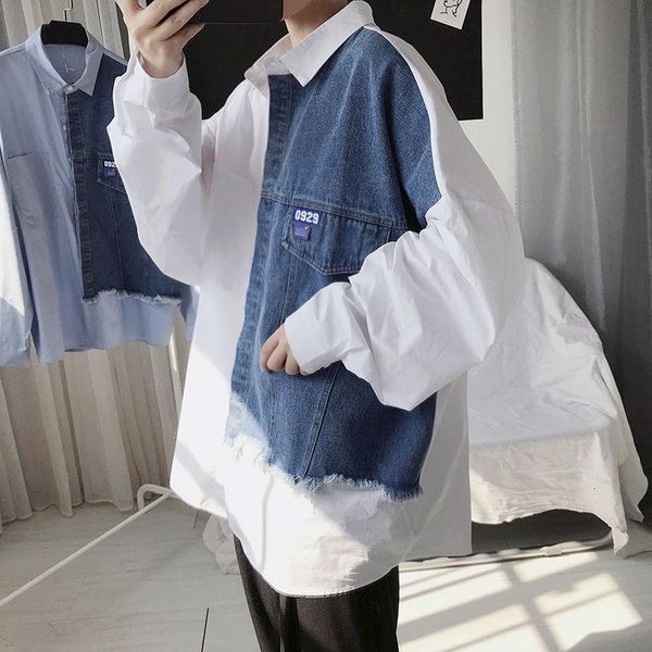 

men's casual shirts patch work 2021 harajuku men long sleeve shirt streetwear man korean oversized blouse, White;black