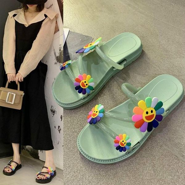 

slippers fashion the women summer leisure outside solid color sun flower slides low 1cm-3cm flat with non-slip high quality, Black