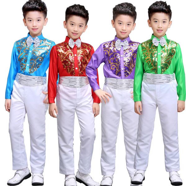 

shirt+pants+strap+tie toddler boys sequined party wedding dancewear costumes colors ballrooom stagewear ballroom dancing outfits, Black;red