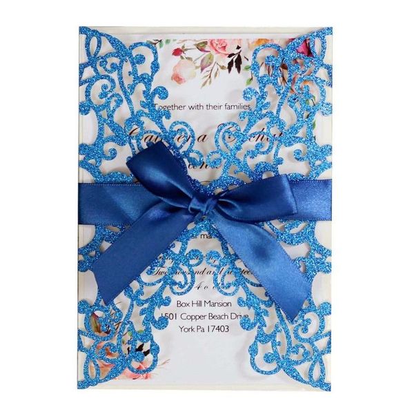 

greeting cards 10pcs blue gold silver glitter paper laser cut wedding invitations card custom printable with ribbon envelope decoration