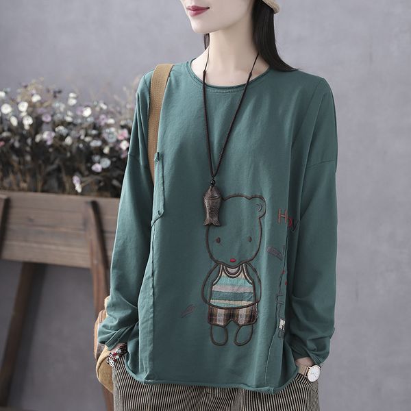 

2021 new vintage tshirt for women korea style cartoon bear embroidery patchwork office lady oversized long sleeve casual tee tjs8, White