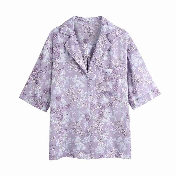 

women's blouses & shirts women fashion flower print za spring summer long purple chic lady casual short sleeve single breasted loo, White