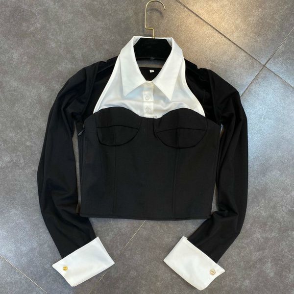 

2021 Autumn New Female Fashion Long Black Sleeve Hollow Shredded Short Decorative Topos Yceu, White