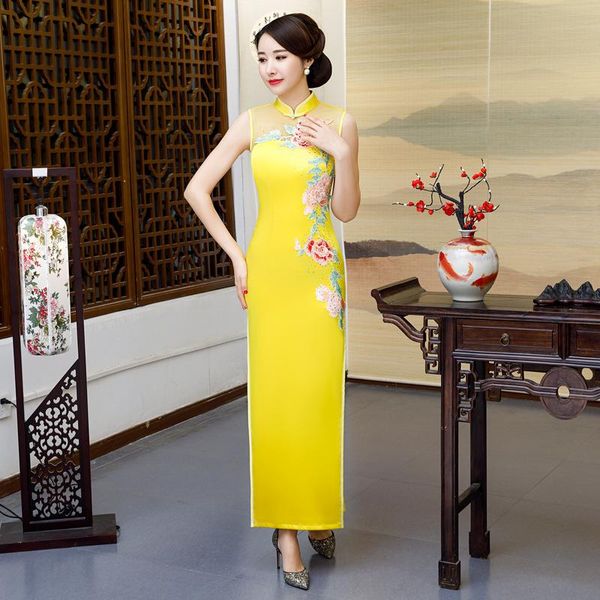 

ethnic clothing female perspective qipao elegant yellow chinese dress embroidery flower chengsam satin slim vestidos plus size 3xl 4xl, Red