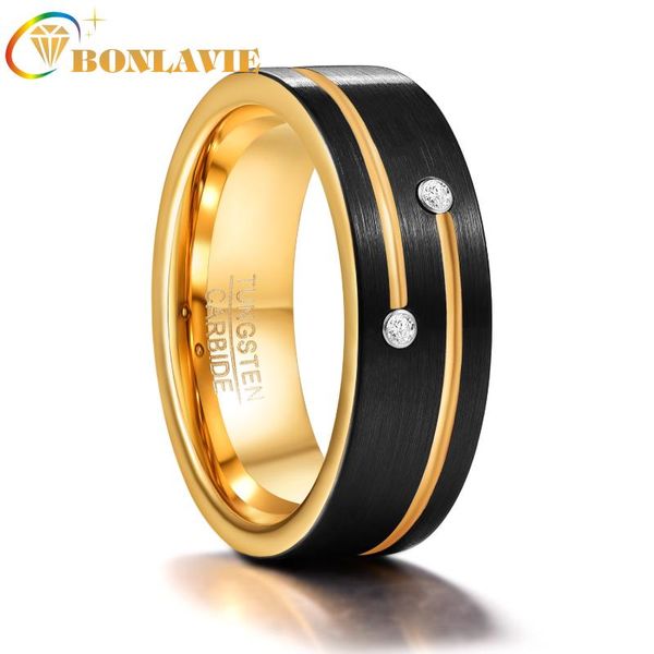 

wedding rings bonlavie men ring 8mm black tungsten steel with two gold grooves inlaid 2 zircons male jewelry, Slivery;golden