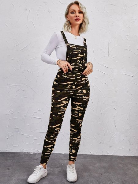 

camo print pocket front overall jumpsuit without tee m3hb#, White