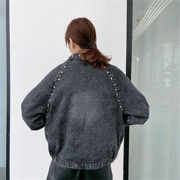 

vintage black blue rivet denim women coat spring autumn korean oversized loose jeans jacket female casual short outerwear o7dp, Black;brown