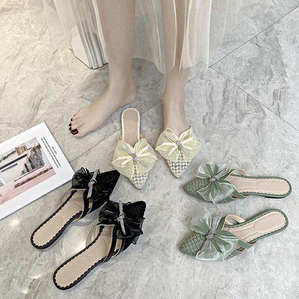 

slippers women summer flat shoes female glitter slides pantofle fashion flock cover toe butterfly-knot low jelly 2021 luxury, Black