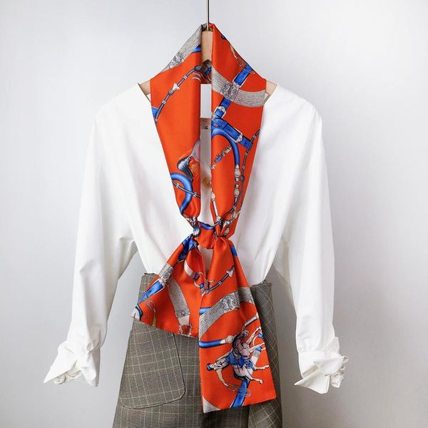

scarves spring autumn clothes decoration double-layer fashion printing small long women's satin silk scarf retro korean thin 2021, Blue;gray
