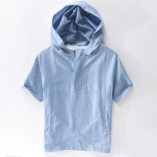 

2021 new unique design hooded short sleeve linen brand fashion loose shirts for men casual trend shirt mens chemise camisa ia9x, White;black